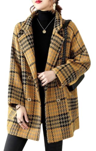 chouyatou Women Winter Notch Lapel Wool Blazer Trench Coat Plaid Double Breasted Business Causal Peacoat