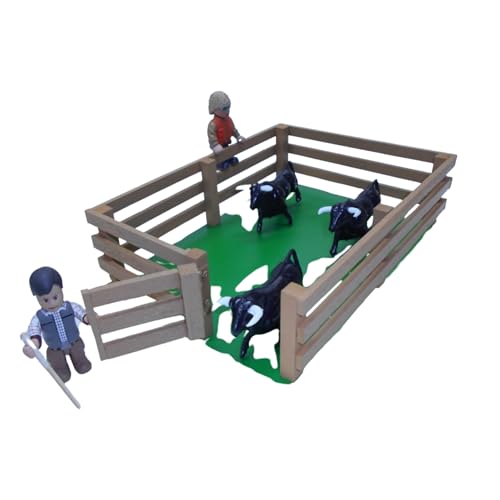 AMBIENTS ARTESANIA Corral de Toros Pequeño – Juguete Taurino Artesanal con Valla de Madera y 3 Toritos – Pintado a Mano