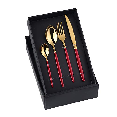 YDware Flatware Set 20-Piece Stainless Steel Silverware Cutlery Set Service for 5 Red Handle Gold Dishes Dinnerware Set with Gift Box Mirror Finish