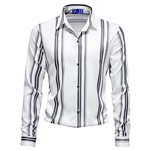 T-Shirts for Men Polyester Cotton Printed Long Sleeve Lapel Fashion Slim Fit Blouse Tops Fall/Winter Casual Loose Tee (White, XXL)