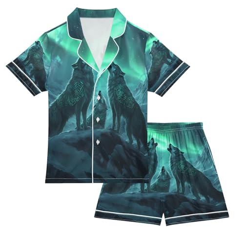 ALAZA Wolf Animal Night Green Satin Pajamas Set Short Sleeve Button Down Sleepwear Summer Pjs 2 Piece