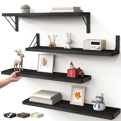 Image of BAYKA Wall Mounted Floating Shelves, Wood Floating Wall Shelf for Books & Decor, Small Space-Saving Display & Organizer(Black,23in,Set of 4)