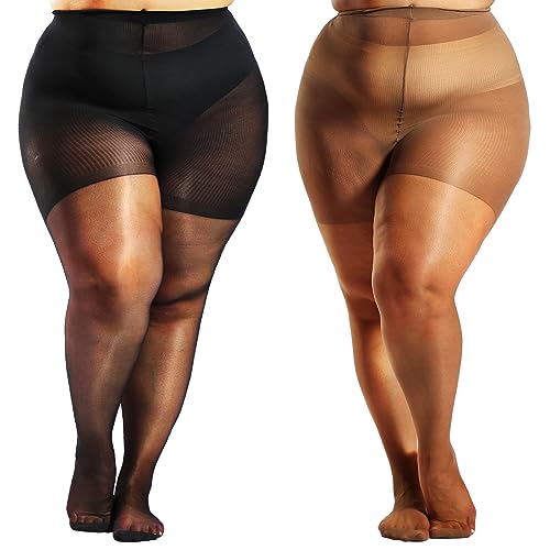 HONENNA 2 Pairs Plus Size Sheer Tights for Women, 17 Colors Ultra Thin Pantyhose Reinforced Toes High Waist Stockings 1XL-6XL