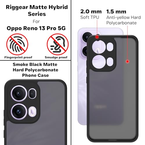 Image of RIGGEAR Shockproof Sleek Hybrid Armor Back Cover Case for Oppo Reno 13 Pro / Reno13 Pro 5G (Smoke Black Matte PC + Black TPU Bumper)