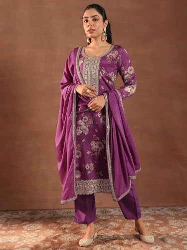 Image of Libas Womens Printed Silk Blend Straight Kurta With Palazzos and Dupatta | daily wear suit