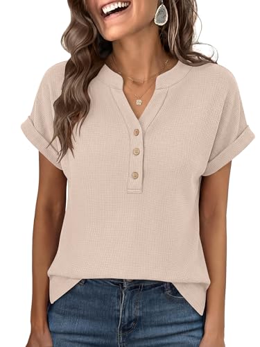 ANRABESS Women Short Sleeve Waffle Knit Henley Shirts Casual Loose Summer Top High Low Slit T-Shirts Vacation Clothes Beige Large