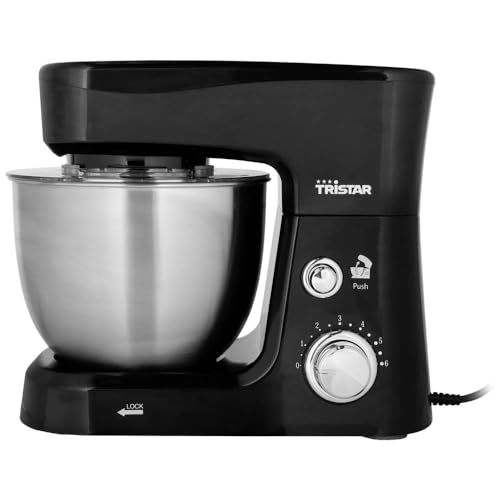 Tristar Robot pâtissier, 3,5 L, 700 W, 6 Vitesses, Mouvement Planétaire | Bol en acier inoxydable, Fouet, Crochet pétrisseur, Batteur plat, Couvercle anti-éclaboussures, MX-4830