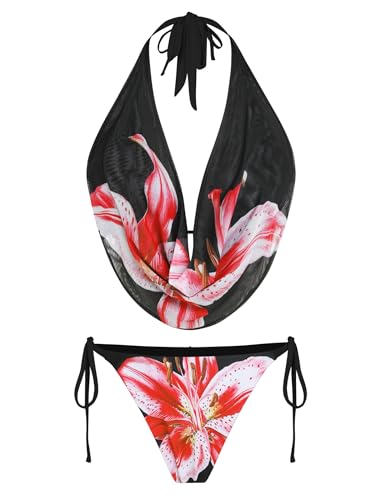 Image of ZAFUL Women's 3 Piece Floral Swimsuit Draped Neck Halter Bikini Tie Side Bathing Suit with Sheer Cover Up Skirt