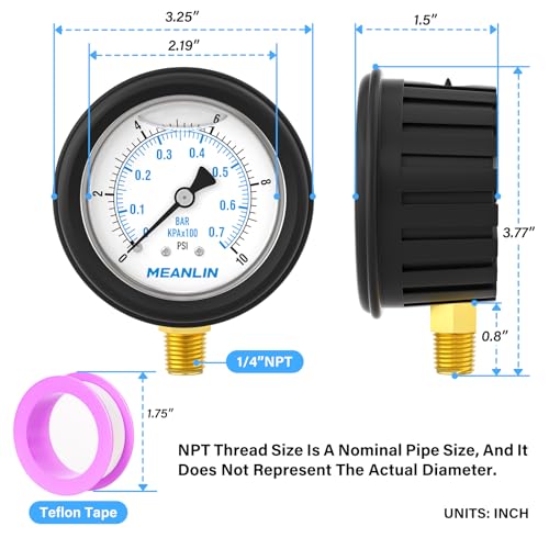 Image of MEANLIN MEASURE 0~10Psi Stainless Steel Liquid Filled Pressure Gauge 1 /4 inch NPT 2.5 inch FACE DIAL with Rubber Protective Sleeve, Lower Mount