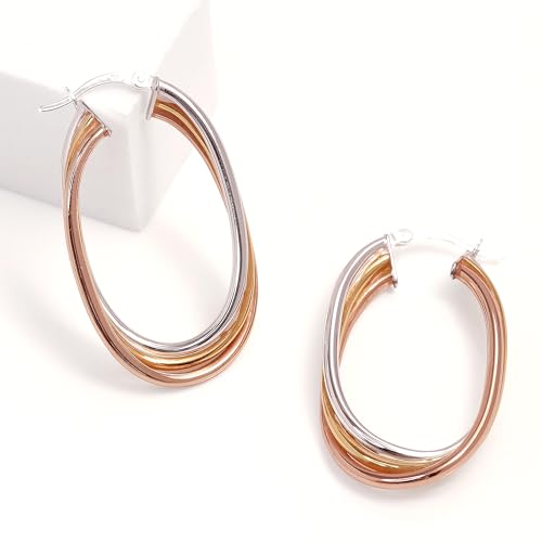 Image of TRUESILVER ACPL 925 Sterling Silver Hoop Earrings for Women | BIS Hallmarked Two-Tone & Three-Tone Intertwined Hoop Earrings | Oval & Round Lightweight Jewelry