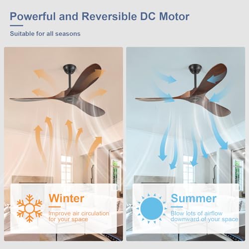 Image of 52'' Solid Real Wood Ceiling Fan no Light,DC Motor 6 Speeds Adjustable with Large Airflow,Outdoor Ceiling Fan Dark Walnut Finished for Garage,Gazebo,Living Room,Bedroom