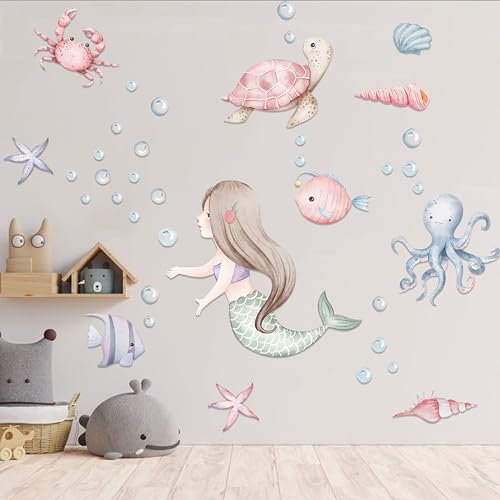 Under The Sea Mermaid Wall Decals - Ocean Fish Turtle Wall Stickers Bathroom Girls Bedroom Baby Nursery Wall Decoration,Sea Animals Wall Stickers - Image 4