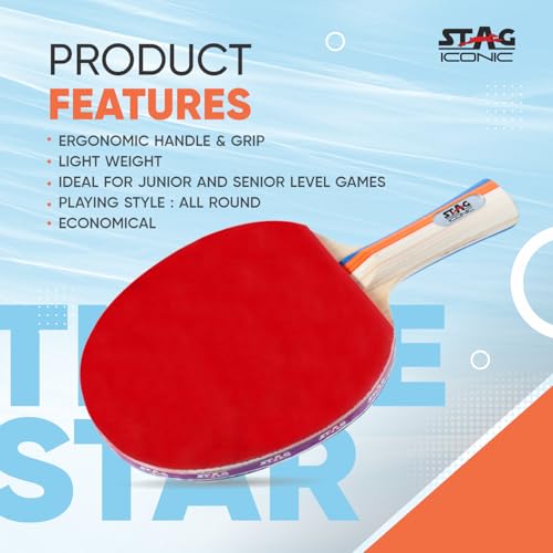 Image of 3 Star Table Tennis Racquet for Beginners & Intermediate Players | Balanced Speed, Spin & Control with Inverted Smooth Rubber | Flared Handle Shakehand (Red /Black)