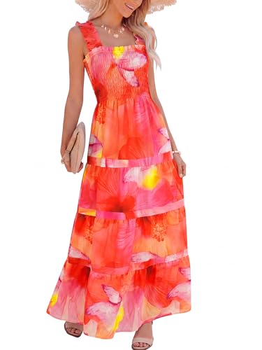 Image of Caracilia Womens Summer Maxi Dresses Floral Smocked Sleeveless Ruffle Boho Casual Flowy Aline Beach Vacation Long Sundress