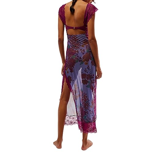 Image of Women Sexy Lace Patchwork Mesh Dress Floral Print Cutout Sweetheart Neck Backless Slit Summer Maxi Dress