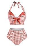 DRESSFO Vintage Bathing Suits for Women Halter Two Piece High Waisted Swimsuit Plaid Retro Tummy Control Tankini Bathing Suit (Orange/M)