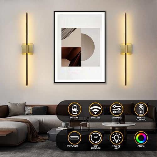 Image of 15800 mAh Battery Operated Wall Sconces with Remote Control Dimmable Battery Powered Cordless Rechargeable Wall Sconces Set of Two 3000K LED Walnut Wood and Brass Gold Wireless Wall Light for Bedroom