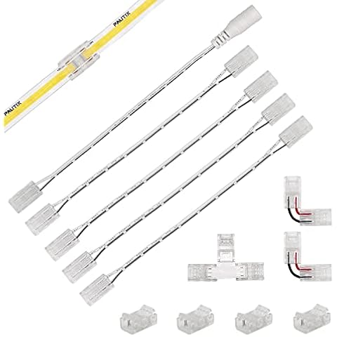 COB LED Strip Connector Set for 8mm Width COB Strip 2 pin,4pcs Transparent Gapless Middle Connectors ,2pcs L shape ,1pcs T shape and 4pcs Dual End Extension Wires 15cm with 1pcs DC Female Connector Cover