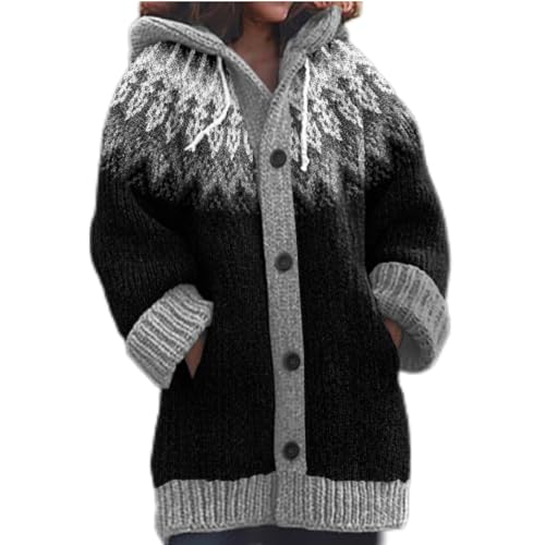 Mfhmom Damen Lang Strickjacke Norweger Cardigan Oversize Strickmantel Mit Kapuze Grobstrick Pullover Elegante Winter Herbst Übergangsjacke 3D Digital...