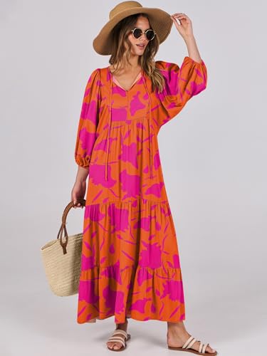 Image of ANRABESS Womens Boho Floral 3 /4 Puff Sleeve Maxi Dress