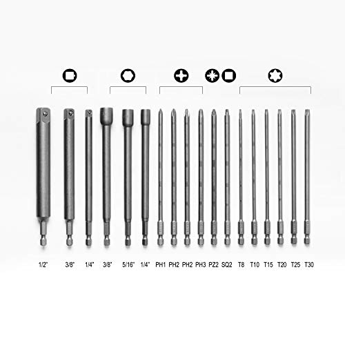 Protorq 18pcs Automotive Fastener Drive Bit Set with tool storage roll, S2 steel, 12pc 6in drive bits, 3pc 6 in nut setters, 3pc 6 in socket adapters, for Automotive, Construction, Workshop use