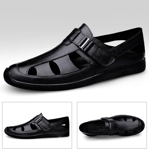 Men's Genuine Leather Hollow-Out Business Sandals,Adjustable Closed Toe Flat Fisherman Shoes,Summer Outdoor Casual Anti-Slip Beach Sandals2