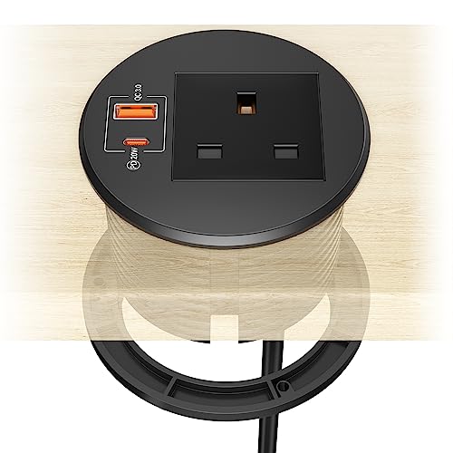 Desktop Power Strip with USB C PD 20W, Ohuo Desk Grommet Power Socket 80mm with 2 USB Ports Hidden Desk Power Socket with 1.8m/6ft Cable, Black