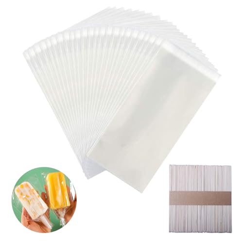Miaowoof 200PCS Popsicle Sticks and 200PCS Bags, Ice Pop Sticks and Bags For Ice Cream, Self-adhesive Clear Popsicle Wrappers and Sticks