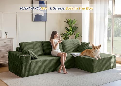 Image of MAXYOYO 104 inch Modular Sectional Couch with L-Shape Chaise, Modern Boneless Couch for Living Room, Sofa in A Box, Oversized Sofa with Deep Seat, No Assembly Required, Green