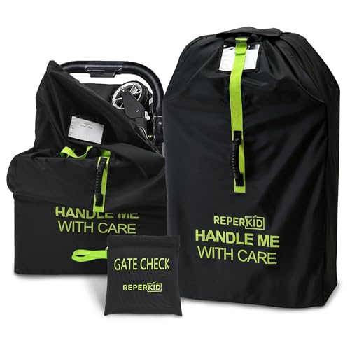 Image of reperkid Medium Stroller Bag for Airplane Travel, Black & Green, 42" H x26 W x13 D, Fits Most Single Strollers Incl. Jogging & Standard Models – Premium Waterproof Cover, Adjustable Shoulder Straps