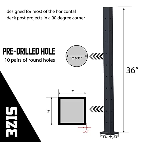 Dawn Railing Cable Railing Post 36”X2”X2” Steel Square Corner Post, Pre-Drilled 10 Pairs Of Hole With Flat Top Connector Weldless Black Powder Coating Finishing Surface For Wood Deck Stair, 1 Pack #TOP1