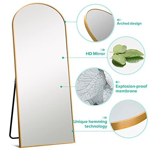 Image of PexFix Arched Full Length Mirror,Floor Body Mirror with Stand,Full Length Wall Mirror with Wood Frame,Dressing Mirror for Bedroom,Gold,64''x21'' (USAM019)