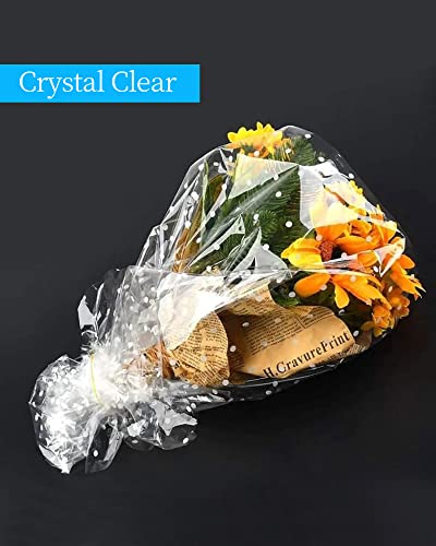 Image of JOYIT 100' Long X 35 inch Wide Clear Cellophane Wrap Roll with White Dots - 3 Mil Thicker Cellophane Roll, Clear Wrapping Paper for Gift Baskets Wrap (35 inch Folds into 17.5 inch)