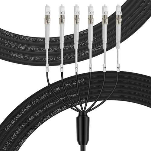 FLYPROFiber OM3 LC to LC Outdoor Fiber Optic Patch Cable, 6 Core, 164ft, Supports 100 Gbps, Direct Burial, Industrial TPU, 5.0mm OD, Suitable for Outdoor & Industrial Use