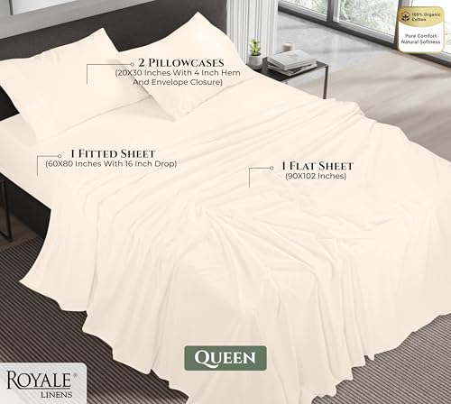 Image of Royale Linens 100% Organic Cotton Queen Sheet Set - 16 inch Deep Pocket Bed Sheets - Eco Friendly Cream Bed Sheets - Sabanas Queen - 1 Flat, 1 Fitted & 2 Pillowcase - Cream Sheet Set - Cotton Bedding Sets