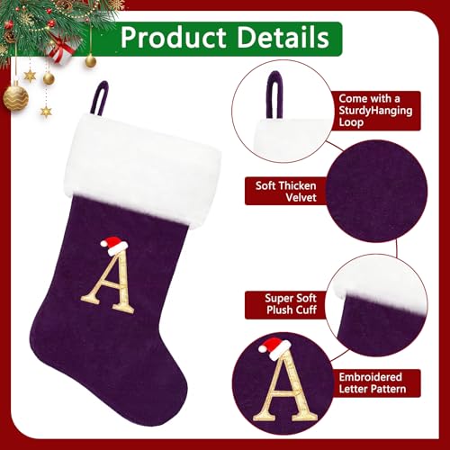 image for Tokforty 20 Inches Monogram Christmas Stockings, Purple Velvet with Wh