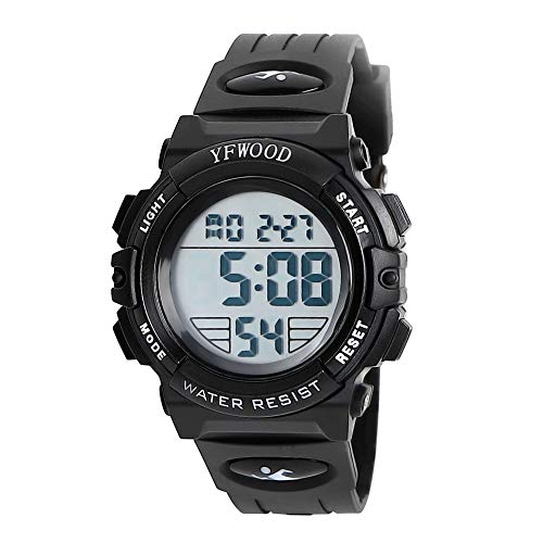YFWOOD Kids Digital Watch,Waterproof Outdoor Watches, Children Casual Electronic Analog Quartz Wrist Watches with Silicone Band Luminous Alarm Stopwatch for Boys -White