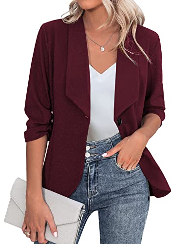 Beyove Women's 3/4 Stretchy Ruched Sleeve Open Front Lightweight Work Office Blazer Jackets (S-3XL)
