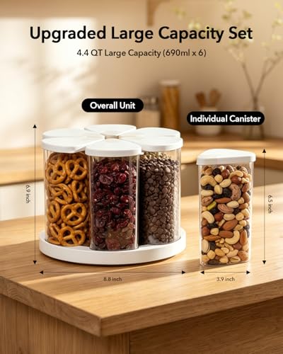 Image of Ankou Rotating Food Storage Containers Set of 6, 23oz (690ml) Clear PET Jars with Dual Pour Lids, 360 Lazy Susan Pantry Organizer for Snacks, Cereal, Nuts, Oats & Dry Foods, Kitchen Grain Dispenser