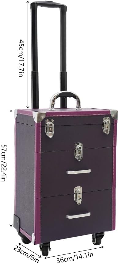 Rolling Makeup Case, Professional Makeup Trolley with 2 Large Drawers and Wheels Cosmetic Organizer Trolley for Studio or Travelling Nail Technician Artists Cosmetologist Stylist (Silver, Purple)