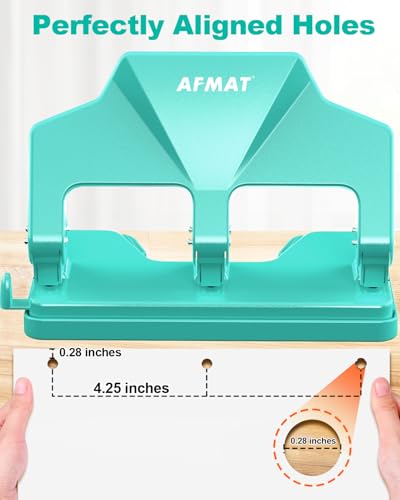 Image of AFMAT 3 Hole Punch Heavy Duty, 40-Sheet Three Hole Punch, 50% Reduced Effort, 3 Hole Puncher for Binder w /Large Chip Tray, 9 /32 inch Holes Diameter, Metal Paper Puncher for Home /Office /School, HP14(Green)