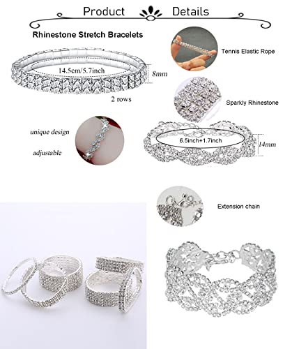 SONNYX 8 PCS Rhinestone Bracelets Stretch for Women Bridal Sparkly Wedding Strand Tennis Bracelet Bling Bikini Crystal Bracelet Silver-Stone Wedding Jewelry Bracelet Set4