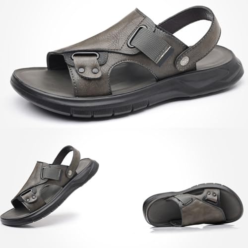 Image of Men'S Pu Leather Flat Sandals With Adjustable Dual-Use Ankle Straps Comfortable Breathable Open-Toe Slip-On Sandals, Soft Casual Sliding Slippers