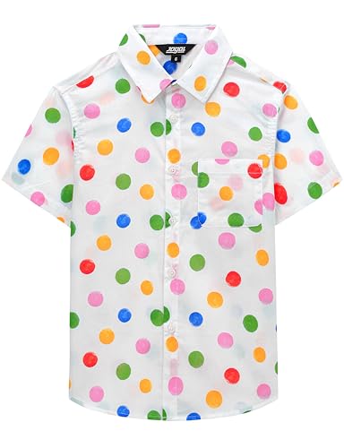 JOGAL Boys Polka Dots Short Sleeve Button Down Shirt Novelty Fun Summer Cotton Easter Shirt for Kids 6-14 Years White 6