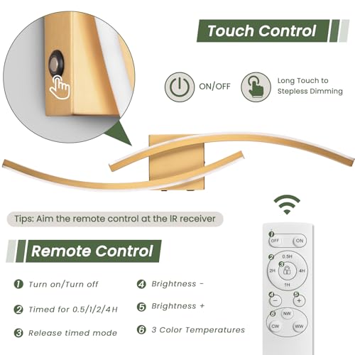 Image of Battery Operated Wall Sconce Set of 2,Gold Wall Sconces with Remote Control,3000K-6000K Modern LED Wireless Wall Light for Living Room, Hallway, Bedroom, 31.89 Inch (2 Pack)