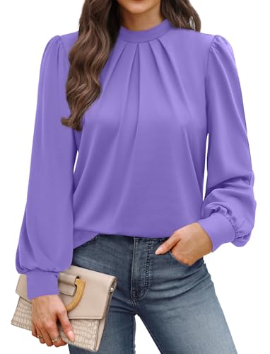 Image of WIHOLL Long Sleeve Shirts for Women Mock Neck Tops Pleated Front Blouses Dressy Casual Spring Fall Clothes 2026 Fashion