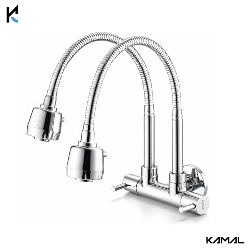 Image of KAMAL Two Way Sink Faucet Tab - Terra | SS 304 Fully Flexible Dual Flow Spout 50cm Length | Single Cold Water Inlet & Two Control Water Outlet | Brass Body Bib Tap Faucet (Wall Mount Installation)