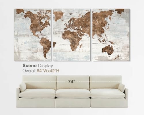 Image of Office Wall Art Canvas World Map Motivational Living Room Pictures | Large Framed Vintage Wall Decor for Men Women Bedroom Home Travel Global Brown Artwork