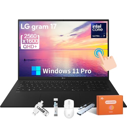 Image of LG Gram 17 Touchscreen Lightweight Laptop 2025, Copilot+ PC, Intel Core Ultra 7 258V, 17 inch QHD+ Touchscreen, 32 GB LPDDR5X, 2 TB SSD, Wi-Fi 7, Backlit Keyboard, Wi-Fi 7, Windows 11 Pro, Accessories