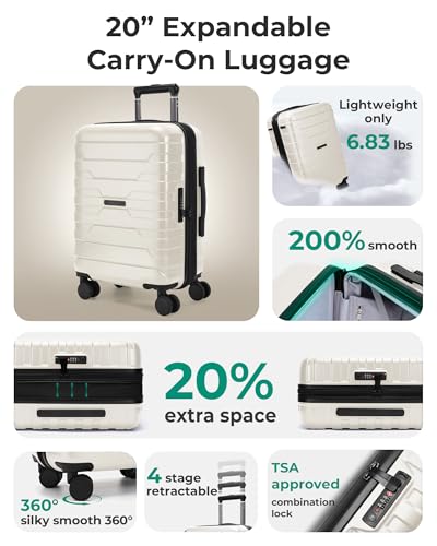 Image of BAGSMART Carry On Luggage Airline Approved with Spinner Wheels, Off White, 20 inch, Expandable Luggage With Spinner Wheels